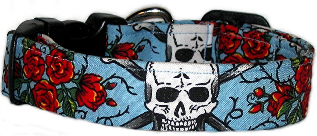 Blue Skulls & Roses Handmade Dog Collar